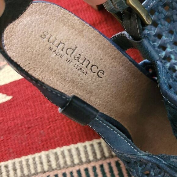 Sundance Blue Woven Leather Open Toe Heeled Sandal Sz 9 Sling Back Adjustable - Picture 6 of 8